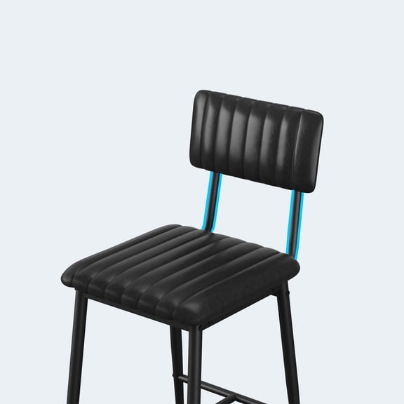 Modern Bar Stools Set of 2 – 25.6'' Counter Height PU Leather Chairs with Thick Segmented Cushion – Sturdy Metal Legs, Backrest, Footrest – Black Lychee Grain – (2pcs Set)