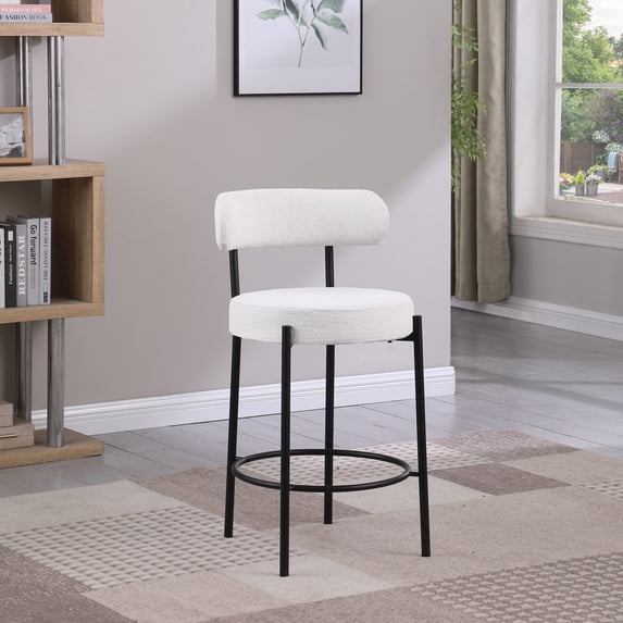 Modern Bar Stools Set of 2, 26" Fabric Upholstered Counter Height Bar Stools,Round Low Back Kitchen Stools with Metal Legs for Dining Room, Island, Bistro, Black White
