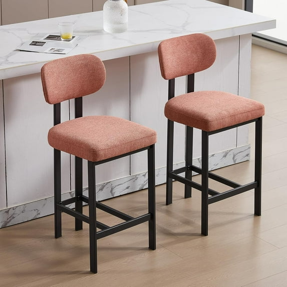 Modern Bar Stools Set of 2, Chenille Upholstered Bar Chairs with Metal Legs, Comfortable Dining Bar Stools with Open Back, Island Stools for Kitchen Island (Orange)