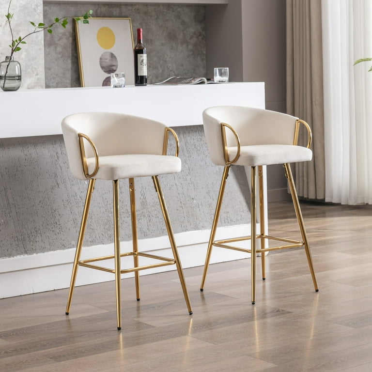 Modern Bar Stools Set of 2 Contemporary 26 Inches Seat Height Tall Barstools with Golden Metal Legs Round Back Counter Bar Height Chairs with