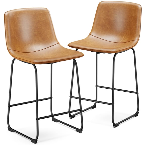 Modern Bar Stools Set of 2, Counter Height Faux Leather Dining Chairs with Backrest, 26 Inch Metal Legs and Footrest, Urban Kitchen Island Stools, Brown