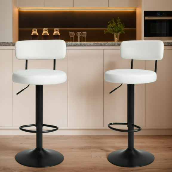 Modern Bar Stools Set of 2,Curved Backrest Upholstered Counter Height Bar Stools,Adjustable Bar Stool 24.5"-30.5", Swivel Counter Stools for Kitchen Home,White