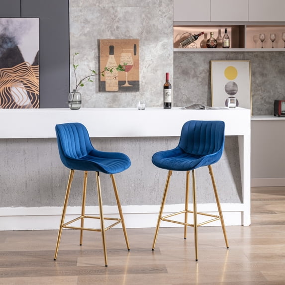 Modern Bar Stools Set of 2,Velvet Bar Chairs with Tufted Back and Golden Metal Footrest,Upholstered Counter Height Bar Stools Dining Chairs,Club Side Chairs for Home Bar Counter Kitchen,Blue