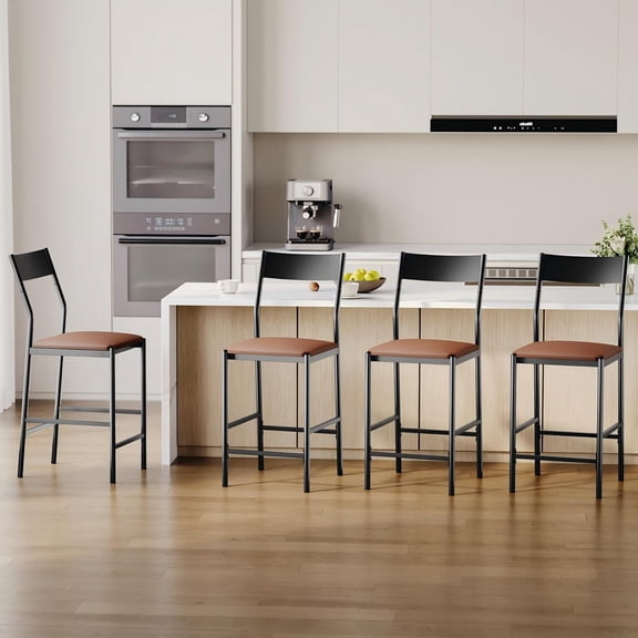Modern Bar Stools Set, 24 Inch Counter Height, PU Leather Barstools with Backrest & Footrest, 300 LB Capacity, Chair for Bar, Kitchen, Dining Room