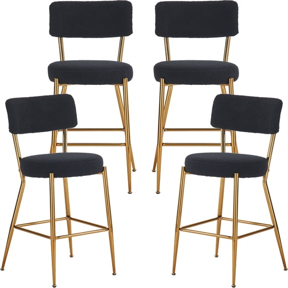 Modern Bar Stools Set of 4, 25 inch Upholstered Counter Height Bar Stools with Back, Gold Metal Legs Bar Chairs for Kitchen Island, Teddy Fabric Barstools, Sillas Para Barra de Cocina (Black, 4Pcs)