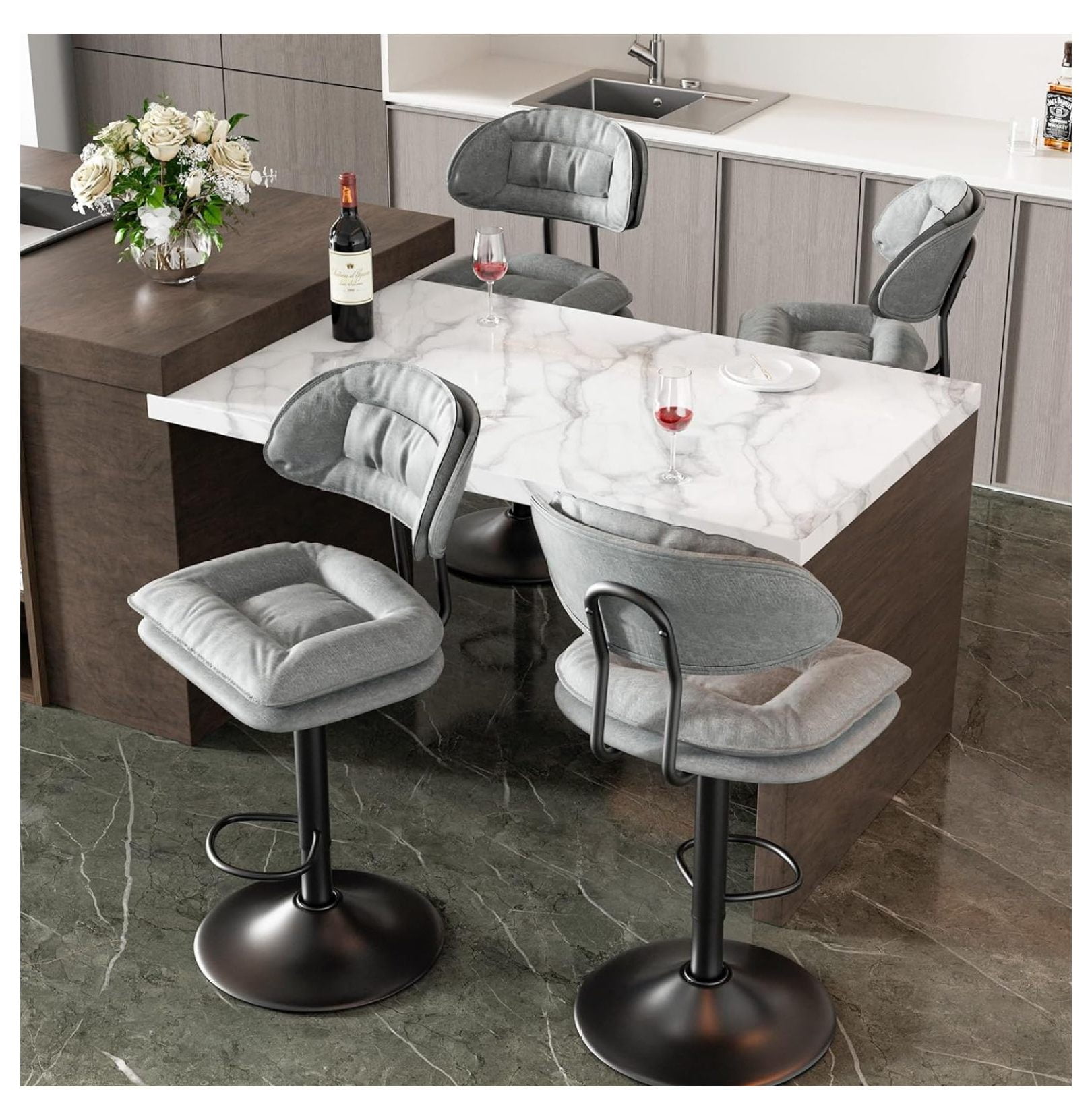 Modern Bar Stools Set of 4 Ergonomic Performance Fabric Upholstered Bar Stools with Back Double Layer Adjustable Swivel Barstools for Kitchen Island Dark Grey Walmart