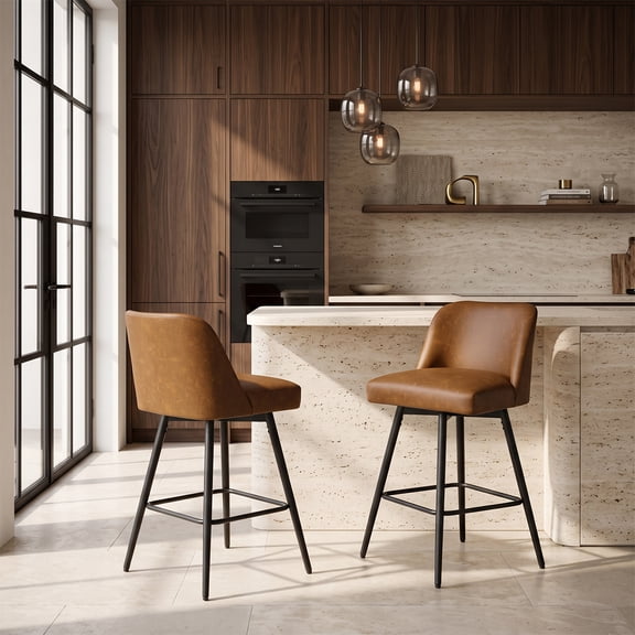 Modern Bar Stools Set of 2, 26" H Swivel Counter Height Barstools with High Backs, Kitchen Island Stools, For Bar & Home,Faux Leather, Brown