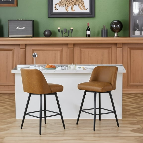 Modern Bar Stools Set of 2, 26" H Swivel Counter Height Barstools with High Backs, Kitchen Island Stools, For Bar & Home,Faux Leather, Brown