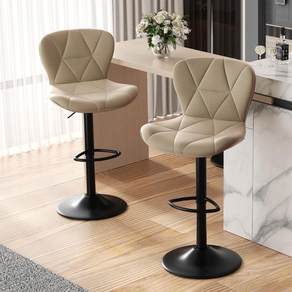 Modern Bar Stools Set of 2, Adjustable Faux Leather Upholstered Swivel Bar Stools, Counter Bar Chairs with Back for Kitchen Island, Khaki