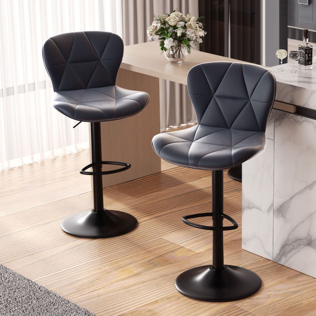 Dark Grey Adjustable Faux Leather Swivel Bar Stools Set of 2