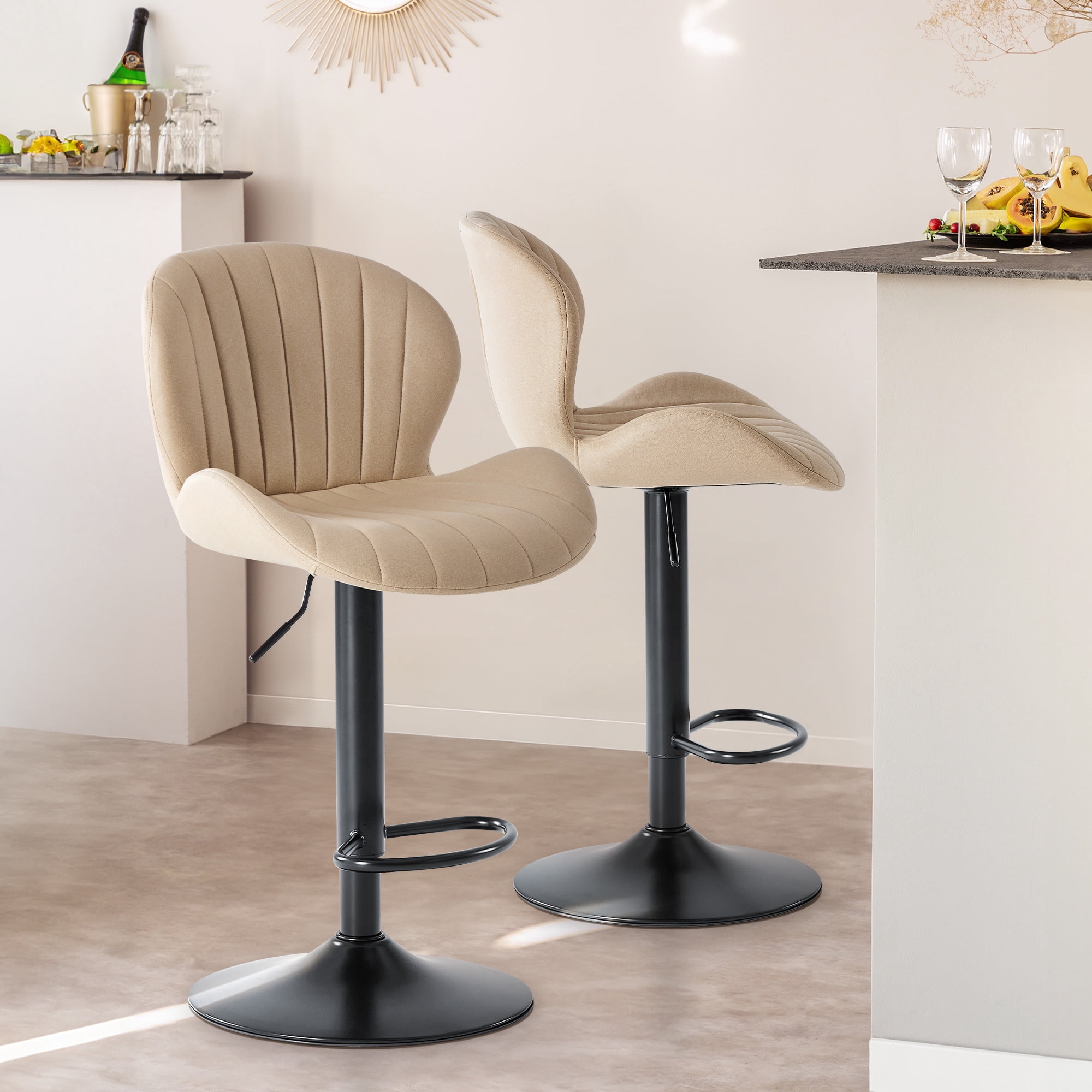 Modern Bar Stools Set of 2, Adjustable Swivel Faux Leather