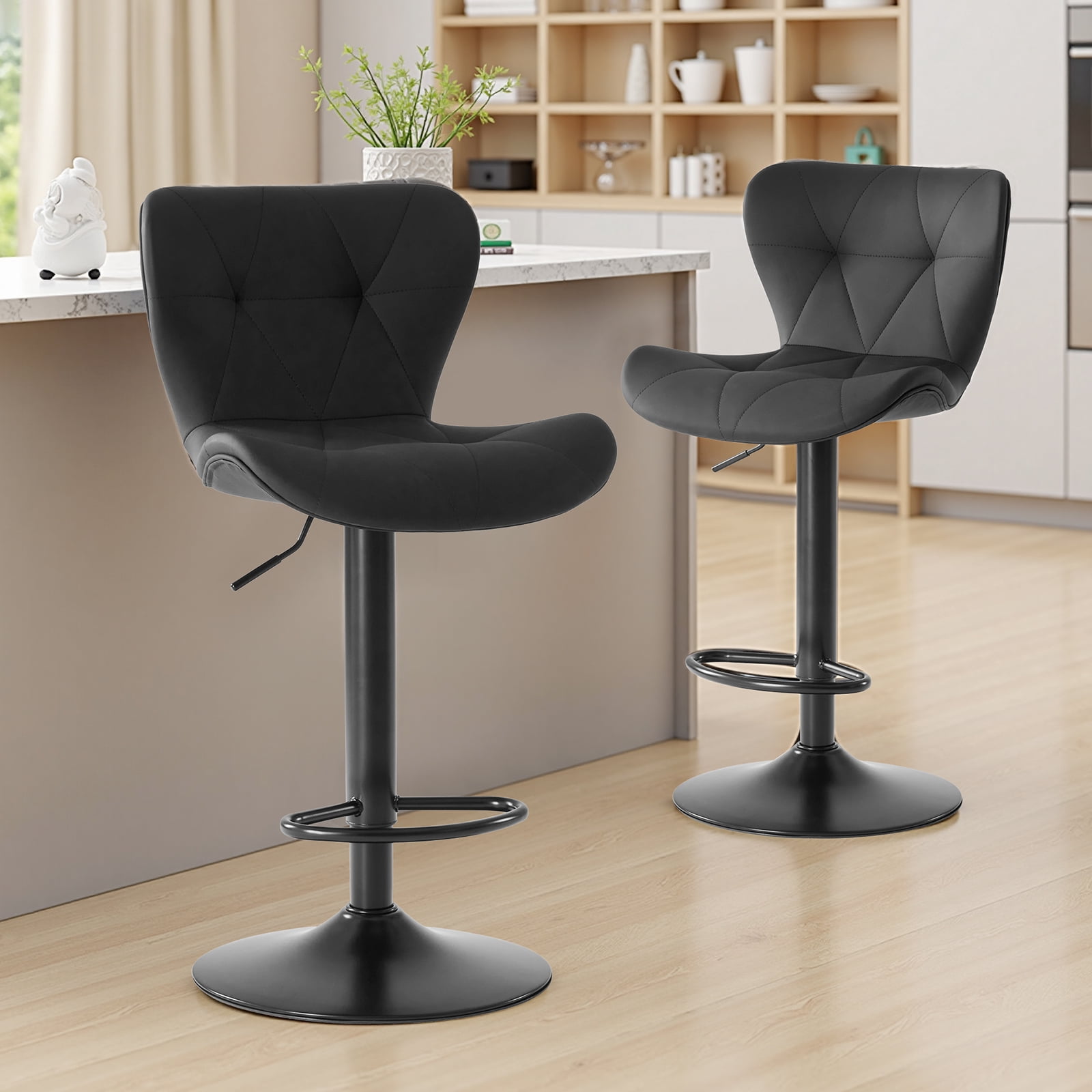 Modern Bar Stools Set of 2, Adjustable Swivel Faux Leather