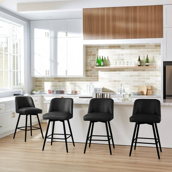 Modern Bar Stools Set of 4, 26" H Swivel Counter Height Barstools with High Backs, Kitchen Island Stools, For Bar & Home,Faux Leather, Black