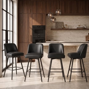 Modern Bar Stools Set of 4, 26" H Swivel Counter Height Barstools with High Backs, Kitchen Island Stools, For Bar & Home,Faux Leather, Black