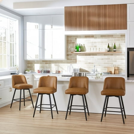 Modern Bar Stools Set of 4, 26" H Swivel Counter Height Barstools with High Backs, Kitchen Island Stools, For Bar & Home,Faux Leather, Brown