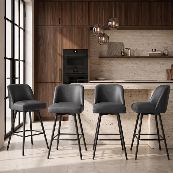 Modern Bar Stools Set of 4, 26" H Swivel Counter Height Barstools with High Backs, Kitchen Island Stools, For Bar & Home,Faux Leather, Grey