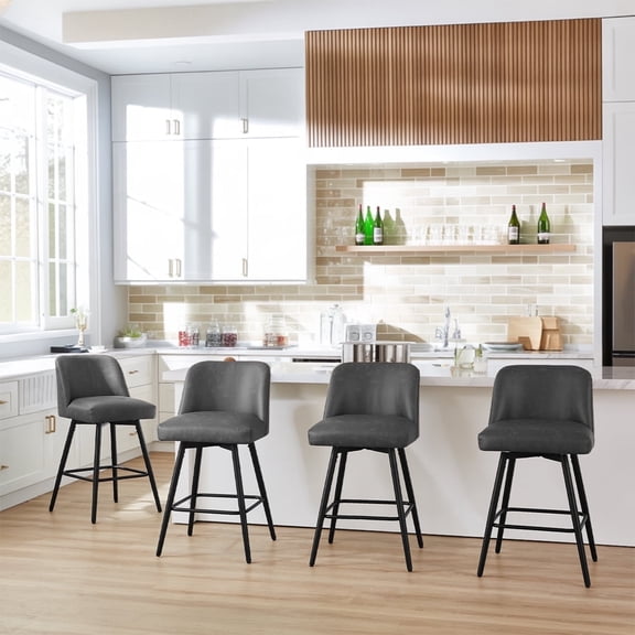 Modern Bar Stools Set of 4, 26" H Swivel Counter Height Barstools with High Backs, Kitchen Island Stools, For Bar & Home,Faux Leather, Grey