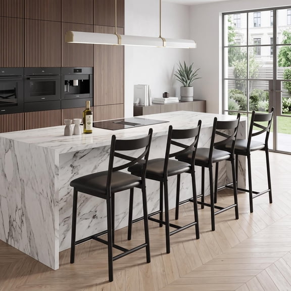 Modern Bar Stools Set of 4 with Backrest, 22'' Height Chairs with Thick Cushion, PU Leather Barstools for Kitchen Island Dining Home Coffee