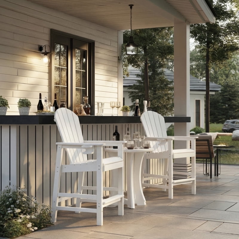 All-Weather Bar Height Adirondack Chair, Outdoor Patio Bar Stool with Armrests & Cup Holder, UV/Weather Resistant, Ergonomic High-Back Design for Deck Backyard Poolside 1PC
