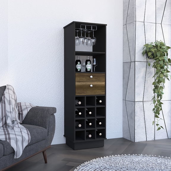 Modern Bar Storage Cabinet With Twelve Built-in Wine Rack, Two Drawers - Walnut For Dining Room And Rack Black