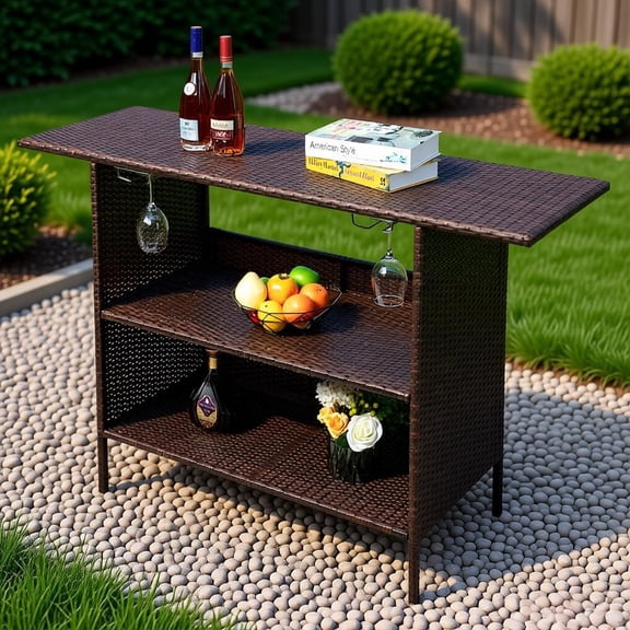 Modern Bar Table Brown Gradient PE Rattan Iron Frame 2 Stainless Steel Cup Holders 200lbs Capacity Space Saving Design for Kitchen Dining Room Pub Restaurant Small Apartment Balcony Indoor Outdoor