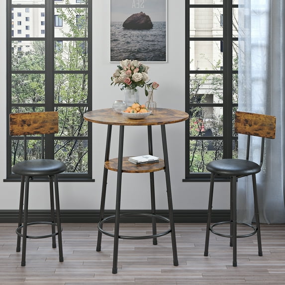 Modern Bar Table Set, SYNGAR Kitchen Table and Chairs for 2, 3 Piece Counter Height Dining Set with 2 Cushioned Stools, Round Long Bistro Pub Table Set, Breakfast Dining Table Set, Rustic Brown