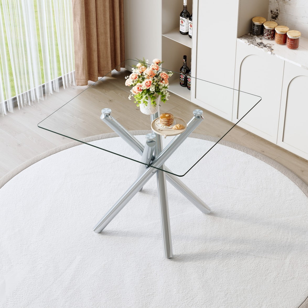 Modern Bar Table, Tempered Glass Pub Table with Electroplated Metal Cross Legs, Compact Kitchen Island Table for Home Bar, Living Room & Small Spaces, Silver