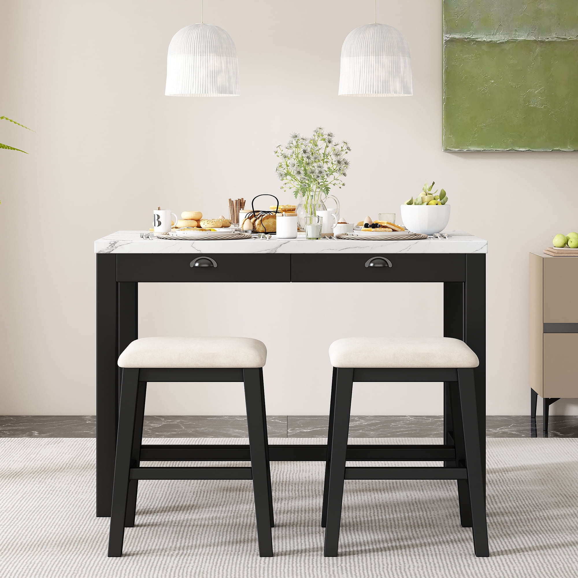 Modern Bar Table and Chairs Set, Rectangular Counter Height Pub Table ...