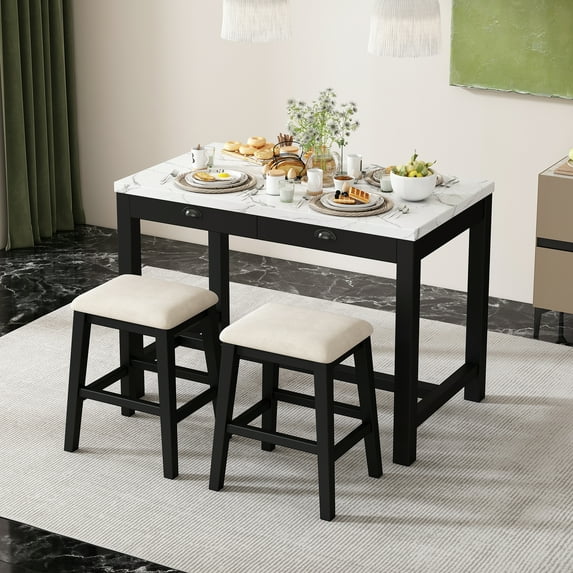 Modern Bar Table and Chairs Set, Rectangular Counter Height Pub Table With Storage Drawers And Padded Stools For Small Space, Solid Wood Frame