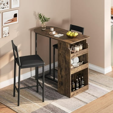 Modern Bar Table and Chairs Set for 2 with Three-Tier Storage - Brown Finish