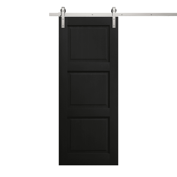 Modern Barn Door 18 x 80 inches | Ego 5010 Painted Black Oak | 6.6FT Silver Rail Track Heavy Hardware Set | Solid Panel Interior Doors
