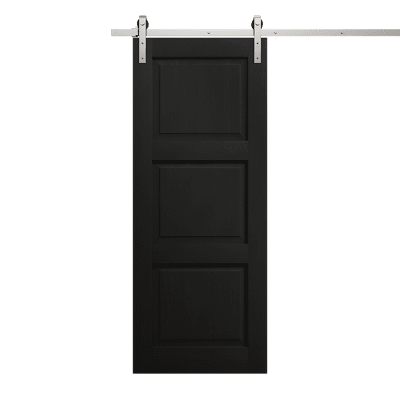 Modern Barn Door 18 x 80 inches | Ego 5010 Painted Black Oak | 6.6FT Silver Rail Track Heavy Hardware Set | Solid Panel Interior Doors