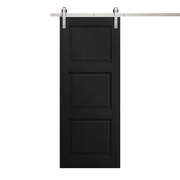 Modern Barn Door 18 x 84 inches | Ego 5010 Painted Black Oak | 6.6FT Silver Rail Track Heavy Hardware Set | Solid Panel Interior Doors