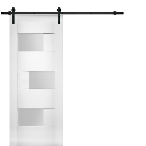Modern Barn Door 28 x 84 inches Opaque Glass / Sete 6933 White Silk / 6.6FT Rail Track Heavy Hardware Set / Solid Panel Interior Doors