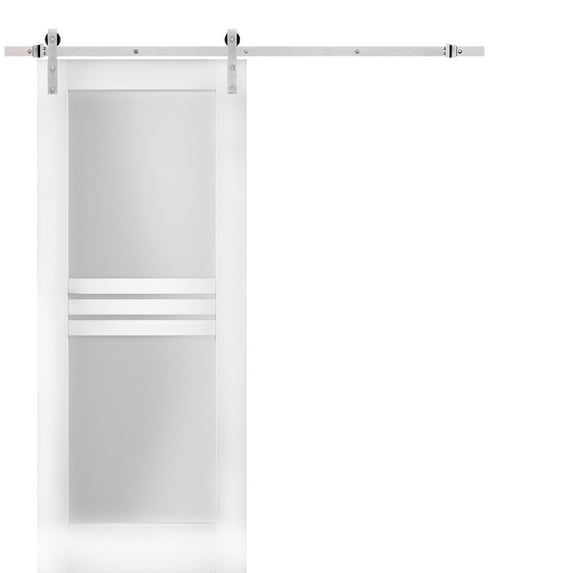 Modern Barn Door 30 x 84 inches Opaque Glass 4 Lites / Mela 7222 White Silk / Stainless Steel 6.6FT Rail Track Set / Solid Panel Interior Doors