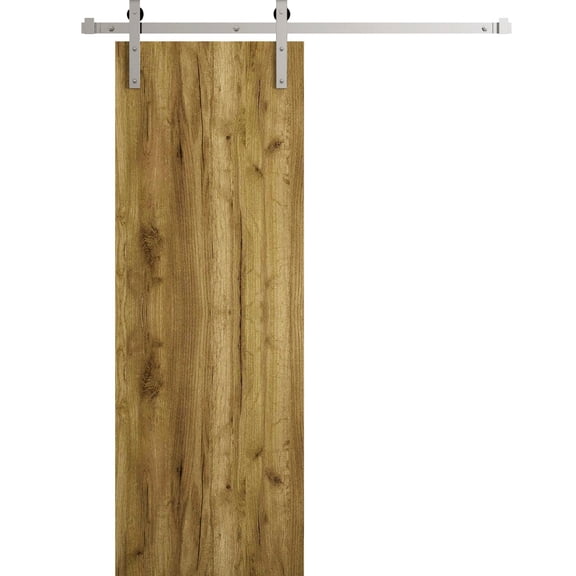 Modern Barn Door 32 x 80 in - LUNO 1003 Antique Oak - 6.6FT Silver Rail Track Heavy Hardware Set - Solid Panel Interior Doors