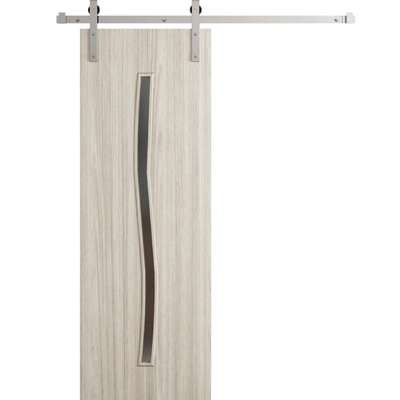 Modern Barn Door 32 x 80 in - LUNO 2003 Oak - 6.6FT Silver Rail Track Heavy Hardware Set - Solid Panel Interior Doors