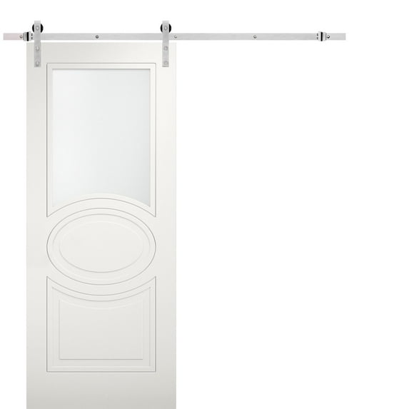 Modern Barn Door 32 x 80 inches Opaque Glass / Mela 7012 Matte White / Stainless Steel 6.6FT Rail Track Set / Solid Panel Interior Doors