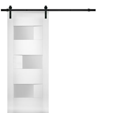 Modern Barn Door 32 x 80 inches Opaque Glass / Sete 6933 White Silk / 6.6FT Rail Track Heavy Hardware Set / Solid Panel Interior Doors