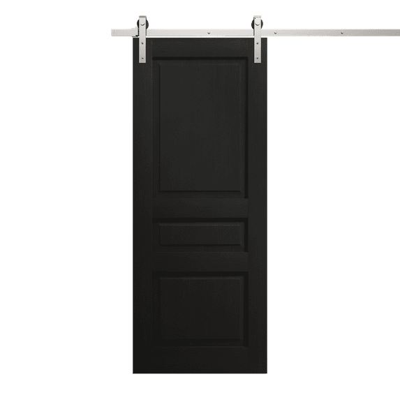 Modern Barn Door 32 x 84 inches | Ego 5012 Painted Black Oak | 6.6FT Silver Rail Track Heavy Hardware Set | Solid Panel Interior Doors