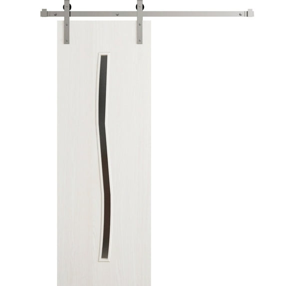 Modern Barn Door 32 x 96 in - LUNO 2003 Ash - 6.6FT Silver Rail Track Heavy Hardware Set - Solid Panel Interior Doors