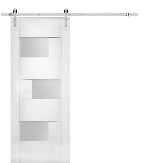 Modern Barn Door 36 x 80 inches Opaque Glass / Sete 6933 White Silk / Stainless Steel 6.6FT Rail Track Set / Solid Panel Interior Doors
