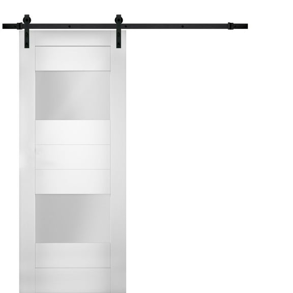 Modern Barn Door 36 x 84 inches Opaque Glass 2 Lites / Sete 6222 White Silk / 6.6FT Rail Track Heavy Hardware Set / Solid Panel Interior Doors