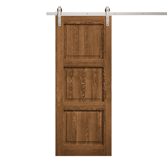 Modern Barn Door 42 x 80 inches | Ego 5010 Cognac Oak | 8FT Silver Rail Track Heavy Hardware Set | Solid Panel Interior Doors