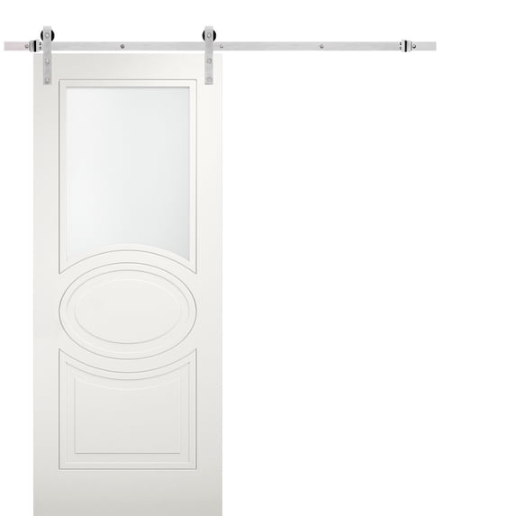 Modern Barn Door 42 x 84 inches Opaque Glass / Mela 7012 Matte White / Stainless Steel 8FT Rail Track Set / Solid Panel Interior Doors