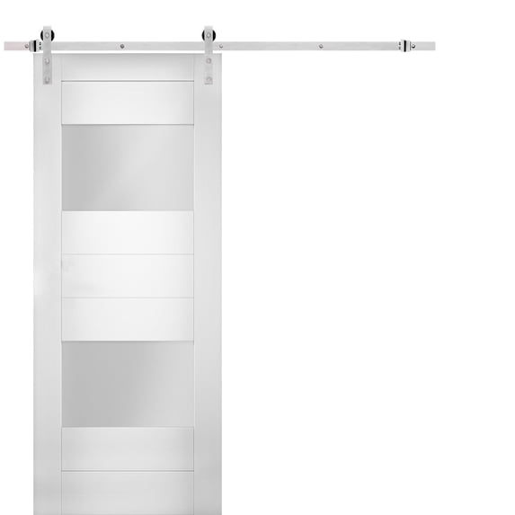 Modern Barn Door 42 x 96 inches Opaque Glass 2 Lites / Sete 6222 White Silk / Stainless Steel 8FT Rail Track Set / Solid Panel Interior Doors