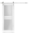 thumbnail image 1 of Modern Barn Door 42 x 96 inches Opaque Glass 4 Lites / Mela 7222 White Silk / Stainless Steel 8FT Rail Track Set / Solid Panel Interior Doors, 1 of 4