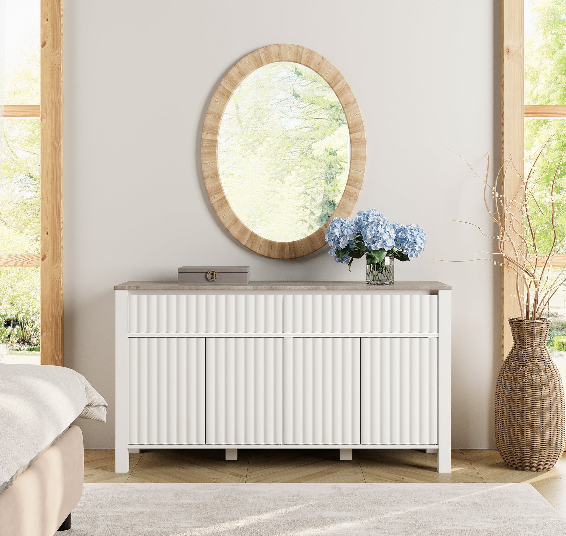 Modern Barn Door Accent Cabinet with Drawers and Adjustable Shelves for Living Room, Hallway