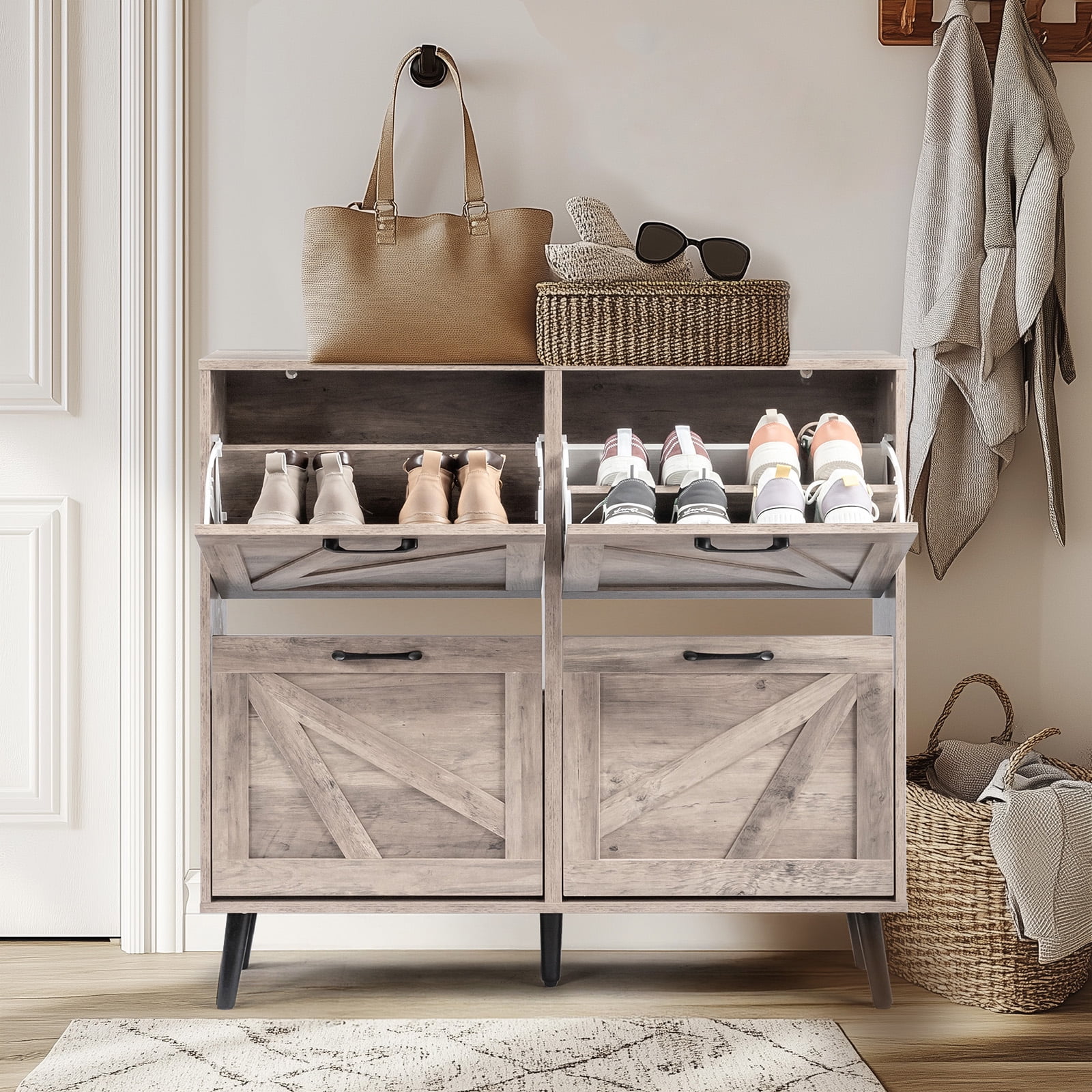 AsterOutdoor Modern Barn Door Flip Top Shoe Cabinet 4 Compartments Triple Amine Laminated Particle Board Solid Wood Legs Gray