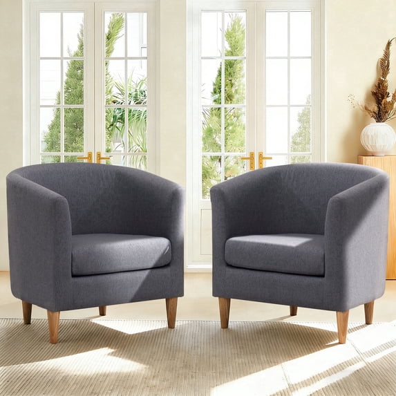 Modern Barrel Accent Chair Set of 2, Upholstered Fabric Armchair with Thick Cushion and Wood Legs, Cozy Reading Chair for Living Room Bedroom Small Spaces (Gray)